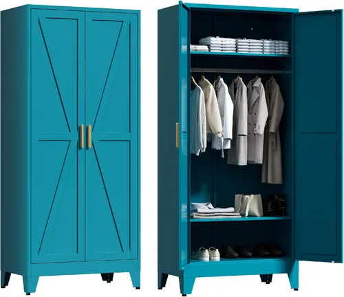Miniatura 19 de Washsemba 180 cm de armario de metal para casa rural con barra para colgar, 2 armarios de granero con estantes ajustables, cajón, para comedor