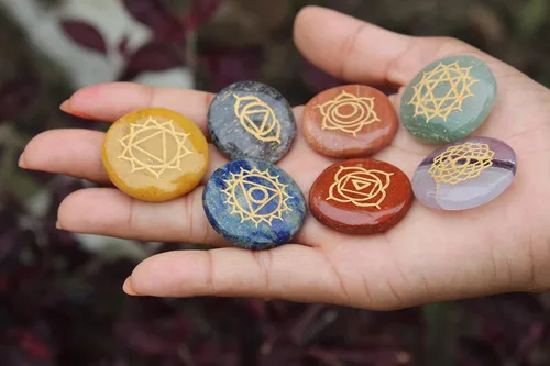 Miniatura 7 de Jet 7 Chakra Reiki Set Grabado Redondo para Curar Chakra Equilibrio Meditación, Vibraciones Positivas