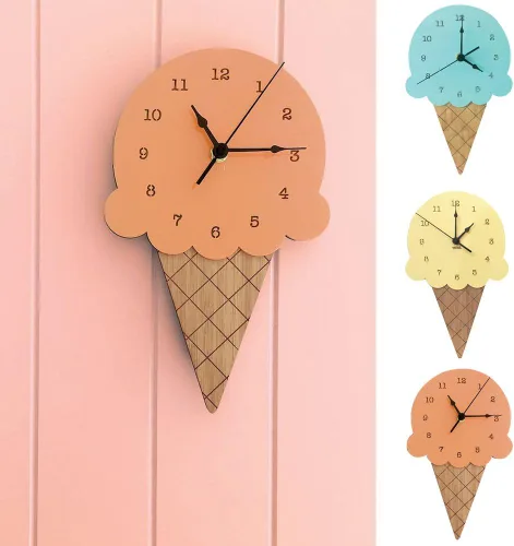 Miniatura 2 de AkoMatial Reloj de pared silencioso con forma de helado de madera, sala de estar, oficina, decoración de dormitorio para niños
