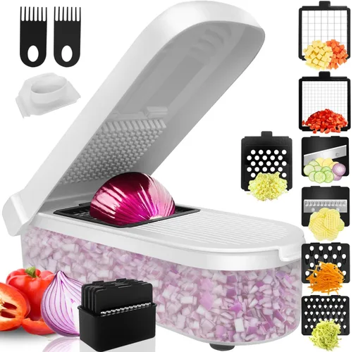 Miniatura 8 de LHS Picador multifuncional de alimentos, cebolla, cortador de verduras, cortador de papas, picador de verduras con recipiente (4 en 1, negro)