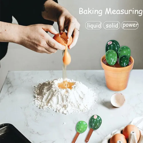 Miniatura 2 de Juego de cucharas medidoras de cactus en maceta de cerámica. Lindas tazas medidoras y cucharas únicas para hornear. Regalos para ingredientes secos
