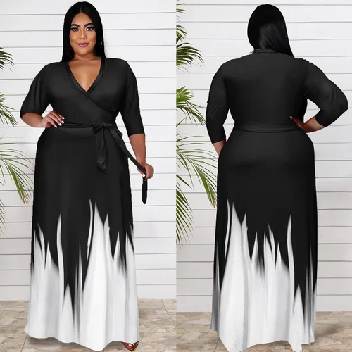 Miniatura 4 de Runwind - Vestidos largos de talla extragrande para mujer, con estampado floral, sueltos, manga 34 y cinturón