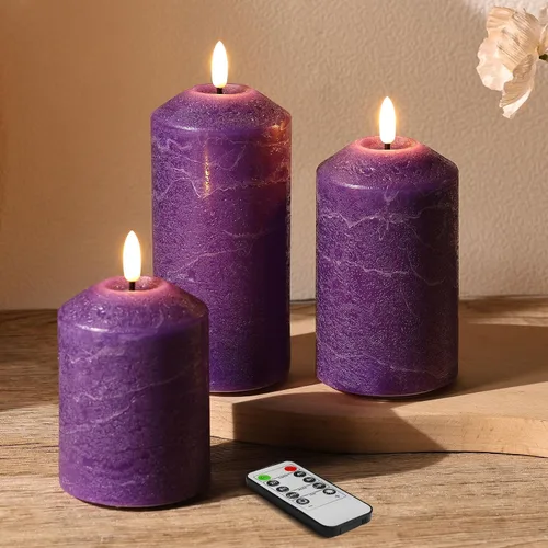 Miniatura 9 de Juego de 3 velas de pilar sin llama color rosa con control remoto, velas LED de cera real que funcionan