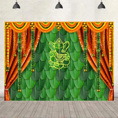 Miniatura 5 de Ticuenicoa Fondo de fotografía tradicional India Pooja de 7 x 5 pies, diseño de hojas de plátano, fondo verde de Chatiya Ganesh, fondos de Puja