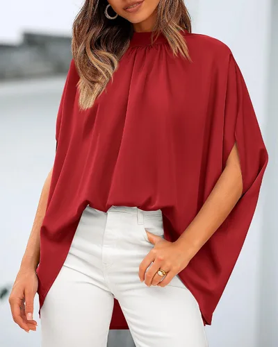 Miniatura 23 de BTFBM Blusas de verano para mujer, cuello alto falso, manga murciélago, holgadas, dobladillo alto y bajo, blusas informales de gran