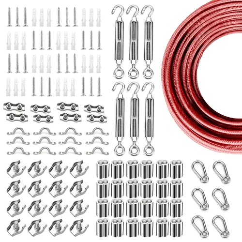Miniatura 36 de Kit de suspensión de luces de cuerda de globo, cable guía de luz para exteriores, cable de acero inoxidable recubierto de vinilo, incluye 50 pies
