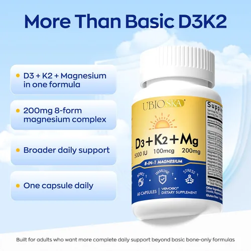 Miniatura 3 de UBIOSKA Vitamina D3 K2 Suplemento de magnesio – 5000 UI D3 + MK-7 K2 con 8 formas de magnesio (glicinato, taurato, malato) para un sueño tranquilo