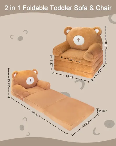 Miniatura 2 de Brown Dog - Silla para niños pequeños, sofá abatible 2 en 1 y mini sofá para niñas y niños, de 1 a 4 años