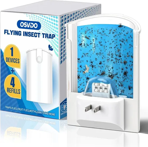 OSVDO Trampa para insectos voladores con luz UV azul, atrapa insectos enchufable con 4 recambios adhesivos durante más de 100 días, atrapa moscas