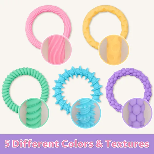 Miniatura 3 de Paquete de 5 pulseras elásticas de silicona de colores macarrón, juguetes para la ansiedad para niños, diseño texturizado, juguetes sensoriales