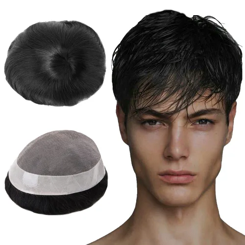 Miniatura 5 de Lordhair Sistema de cabello para hombres cabello humano real sistema de cabello para hombre fino mono con base de PU para hombre tupé negro 1B # 6 *