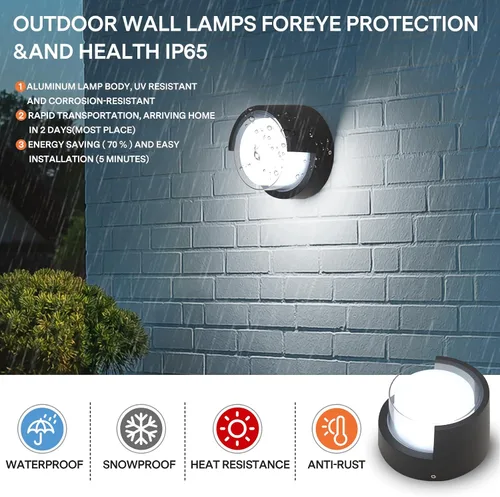 Miniatura 3 de Foco de pared moderno para exteriores - Lámpara de pared redonda impermeable para jardín/patio - Luz fría de 6500K 3000K-2 Pack - Negro