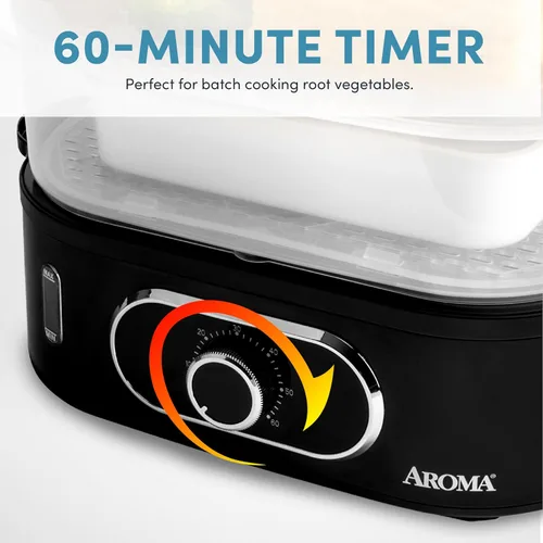 Miniatura 4 de AROMA® Cesta de vapor de alimentos doble y vaporizador eléctrico de arroz con nivel de agua de fácil lectura y temporizador