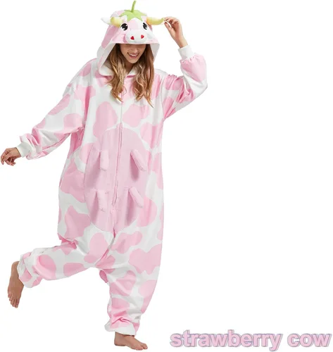 Miniatura 2 de BETIFUHOM Pijama mameluco de vaca rosa animal unisex de una pieza Cosplay Halloween disfraz