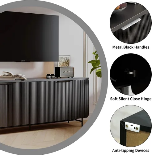Miniatura 3 de Soporte de TV acanalado de mediados de siglo para TV de 55 a 75 pulgadas, centro de entretenimiento negro con almacenamiento, soporte de televisión