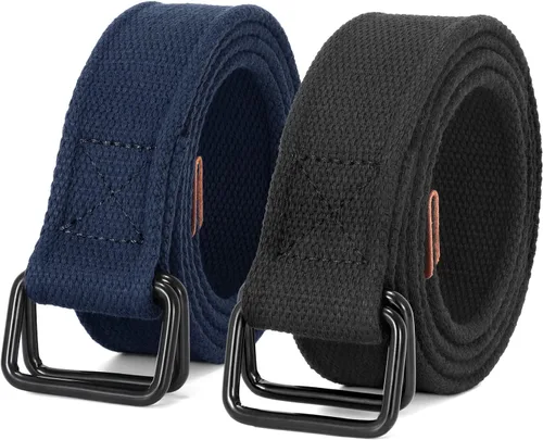 Miniatura 6 de JASGOOD Cinturones de tela de lona para hombre, cinturones casuales de tela con hebilla de doble anillo negro, paquete de 2