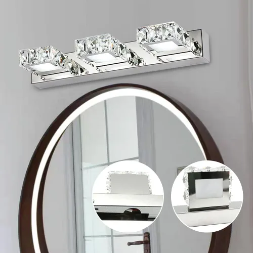 Miniatura 4 de Lámpara de tocador de cristal de 18.1 pulgadas, 3 luces, accesorios de iluminación de baño, lámpara de pared LED cromada moderna sobre espejo