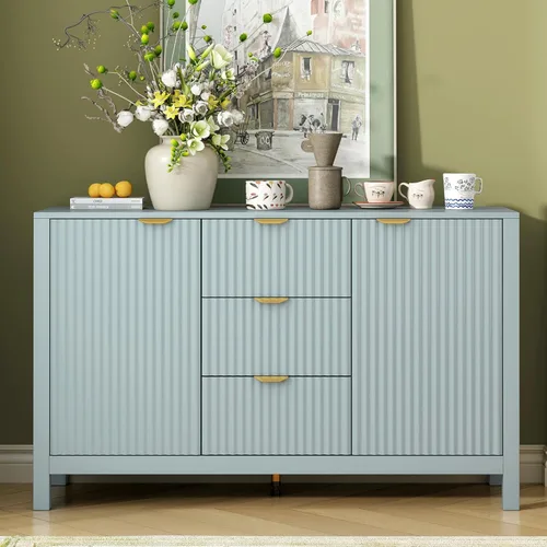 Miniatura 10 de Virubi Armario de buffet acanalado de 63 pulgadas con almacenamiento, puertas y estantes ajustables, mesa consola curva de madera con Azul marino