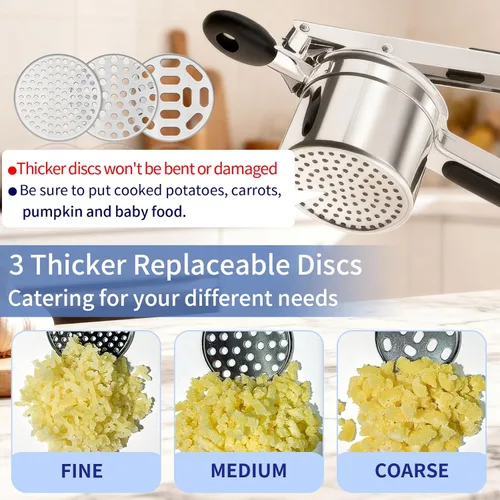 Miniatura 3 de Ricer de patatas, ricer para puré de patatas, 3 discos intercambiables Triturador de patatas de acero inoxidable para puré de patatas esponjoso