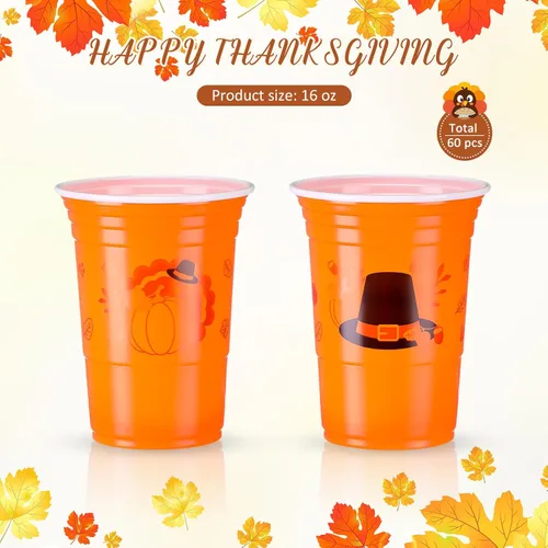 Miniatura 2 de Sliner 60 vasos de plástico de 16 onzas para Acción de Gracias, suministros para fiesta de Acción de Gracias, vasos desechables de color naranja