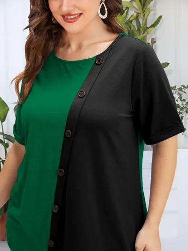 Miniatura 5 de Camisetas de talla grande para mujer, con botones de contraste, blusas casuales de verano, camisas de manga con puños