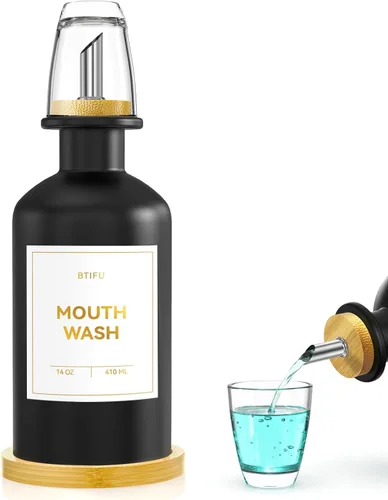 Miniatura 12 de Dispensador de enjuague bucal de vidrio para baño, botella de enjuague bucal recargable de 14 onzas con 2 tazas de vidrio y bandeja de bambú, Blanco