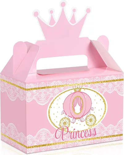 Outus Caja de fiesta de princesa pequeña de 12 piezas, caja de dulces rosa y dorado, suministros de fiesta de princesa para baby shower, decoración