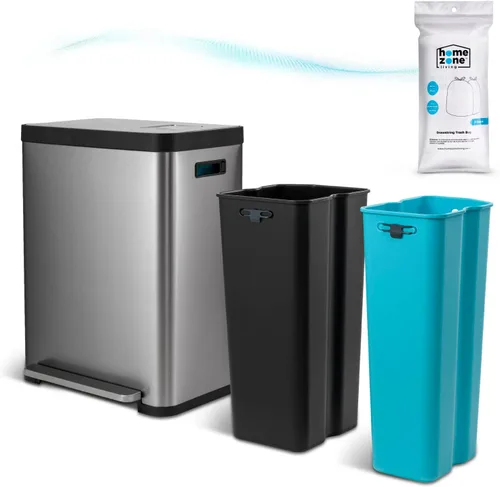 Home Zone Living - Papelera de cocina de 19 galones con compartimentos duales para reciclaje, control de olor CleanAura, acero inoxidable, plateado,