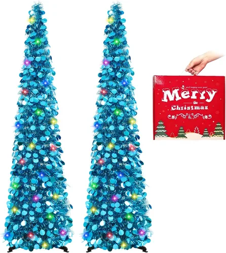 Miniatura 19 de MACTING Árbol de Navidad desplegable con 50 luces LED con temporizador, 5 pies, árbol de lápiz de oropel plegable de fácil montaje, árbol artificial