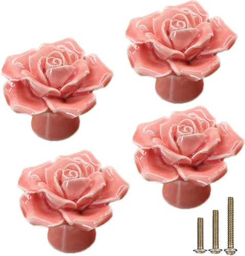 Paquete de 4 pomos de cerámica rosa, tiradores vintage de cerámica con flores rosas, manijas de armario de cocina, tocador, tocador con 3 tornillos