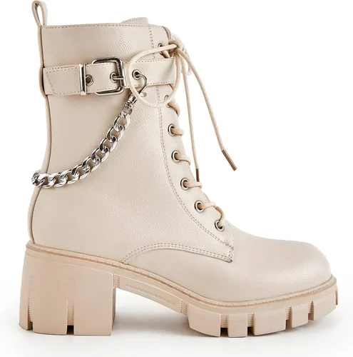 Miniatura 4 de TINSTREE Botas de combate de tacón bajo con hebilla de moda para mujer, botas de combate con cremallera lateral, botas antideslizantes para montar
