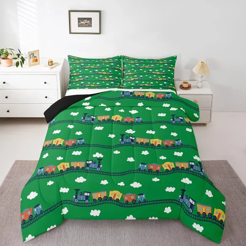 Miniatura 12 de Erosebridal Juego de edredón de tren de locomotora para niños, tamaño individual, lindo juego de ropa de cama con motor de vapor para niños y niñas