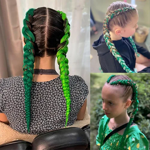 Miniatura 7 de Extensiones de cabello para trenzar verde+verde claro, preestiradas, 2 paquetes, con cabello plumoso pre-trenzado, extensiones de cabello