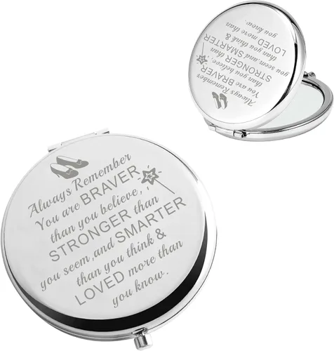 BAUNA Always Remember You are Braver Than You Believe - Espejo de maquillaje de bolsillo inspirador para mujer (color acero con espejo en ancho)