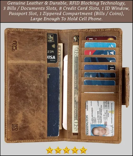 Miniatura 2 de Mou Meraki Cartera larga con bloqueo RFID de cuero genuino - Vintage Bifold para hombres (COGNAC antiguo)