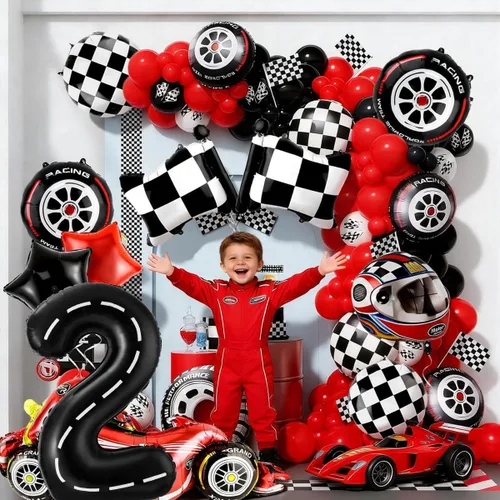 Miniatura 4 de Decoraciones de fiesta de cumpleaños de auto de carreras, globo negro número 2 de 40 pulgadas, globo de aluminio para decoración de cumpleaños