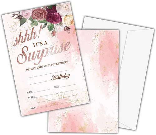Tarjetas de invitación de fiesta de cumpleaños para niños, invitaciones de fiesta Shhh It's A Surprise, tarjetas para niñas y niños, celebración de