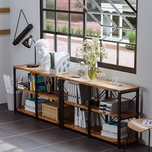 Miniatura 3 de IRONCK Estantería de doble ancho de 47 pulgadas con 3 niveles, librerías industriales, estanterías de madera y metal, estantes de libros