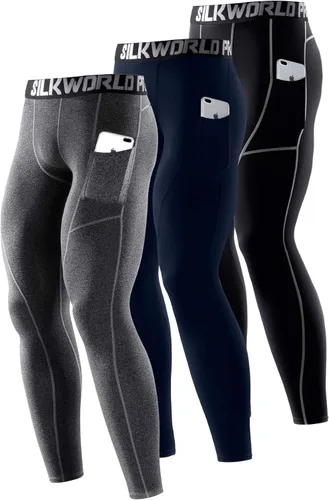 Miniatura 29 de SILKWORLD Paquete de 1 a 3 pantalones de compresión para hombre, con bolsillos, leggings de gimnasio y secado fresco