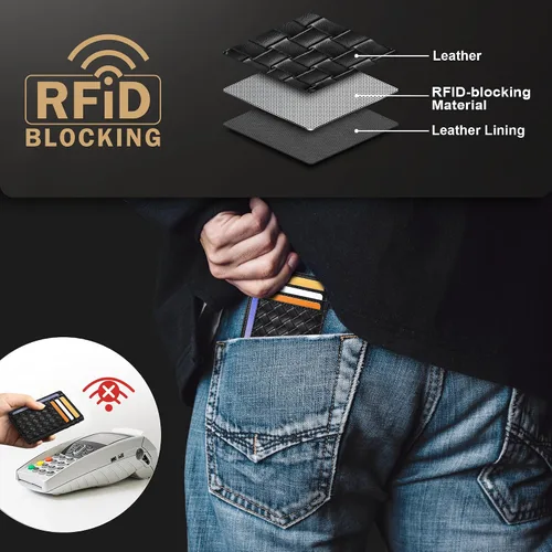 Miniatura 51 de Travelambo billetera mediana y minimalista de cuero para bolsillo frontal, con bloqueo de interferencia de radiofrecuencia