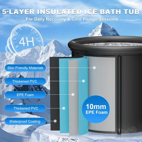 Miniatura 4 de Tina de baño de hielo XL de 100 galones para inmersión en frío, vaina de hielo inflable portátil con tapa aislada y válvulas dobles, bañera