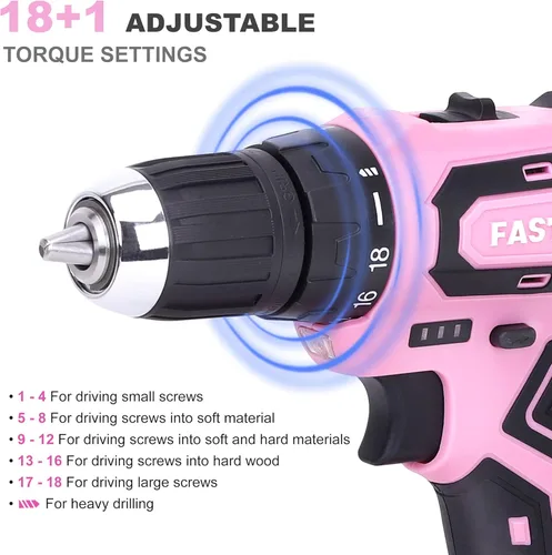 Miniatura 5 de FASTPRO Juego de herramientas para el hogar y taladro de iones de litio inalámbrico de 177 piezas de 20 V rosa con taladro en estuche