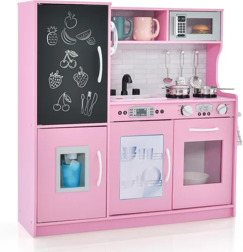 MAT EXPERT Juego de Cocina para Niños, Cocina de Juguete de Chef de Madera con Pizarra, Máquina de Hielo, Accesorios de Utensilios de Cocina, Rosa