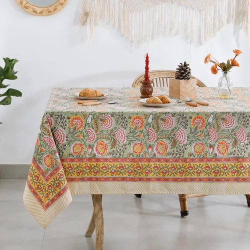 Miniatura 27 de Labhanshi Mantel rectangular de 6 plazas de algodón prelavado con estampado indio a mano, 60 x 90 pulgadas, diseño floral de algodón prelavado