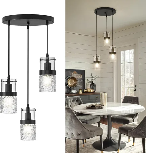 LMS Lámparas colgantes negras de 3 luces, lámpara colgante ajustable para cocina, luces colgantes en racimo, LMS-188 Negro - Vidrio martillado