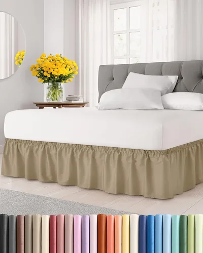 Falda de cama envolvente con volantes, color beige, para camas de tamaño matrimonial con altura de 30 cm CGK Linens - Falda de cama plisada con tela
