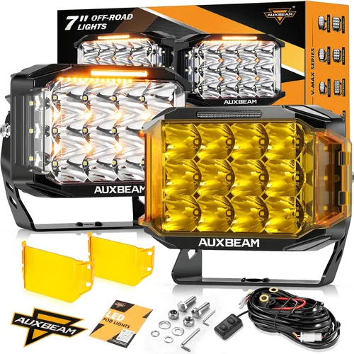 Auxbeam Serie V-MAX 204W Luces LED de Conducción en Pod, Luz de Proyección Rectangular de 7 Pulgadas para Todo Terreno con DRL Ámbar y Luz Trasera,