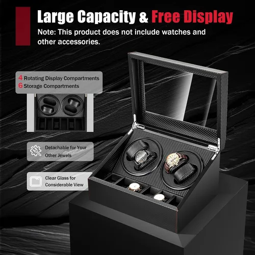Miniatura 5 de Enrolladores de reloj para relojes automáticos, caja de bobinadora automática de reloj con 4 bobinadoras, 6 almacenamiento adicional