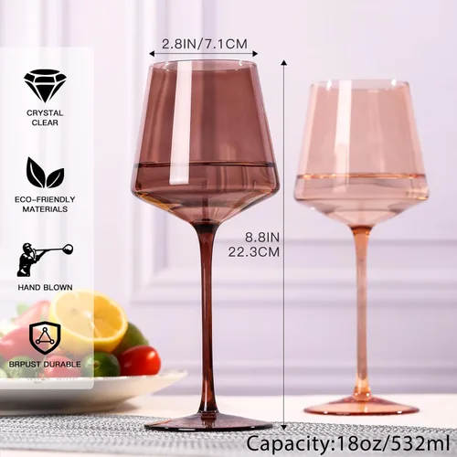 Miniatura 5 de Juego de 6 copas de vino sin tallo: vasos de vino de colores soplados a mano sin tallo: cristalería de color Venus de 15 onzas para vino
