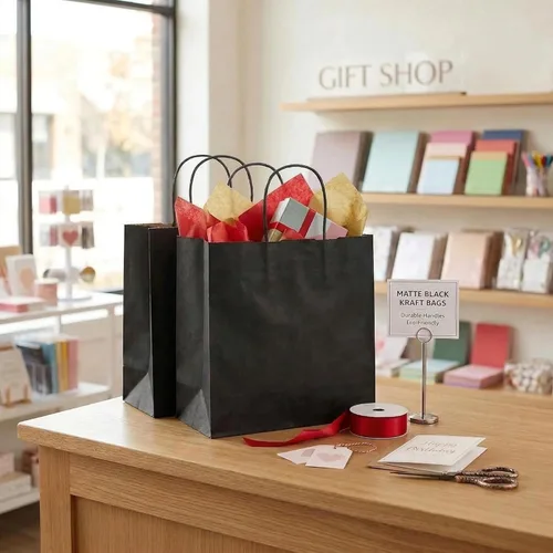 Miniatura 4 de PAICUIKE 50 bolsas de papel kraft negras con asas, bolsas de regalo cuadradas de 11 x 6 x 11 pulgadas para venta al por menor, compras, recuerdos
